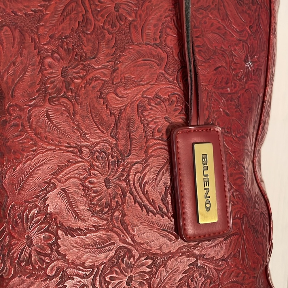 BUENO Red Tooled leather Tote Bag with Front and Back Full Pockets - Picture 3 of 10
